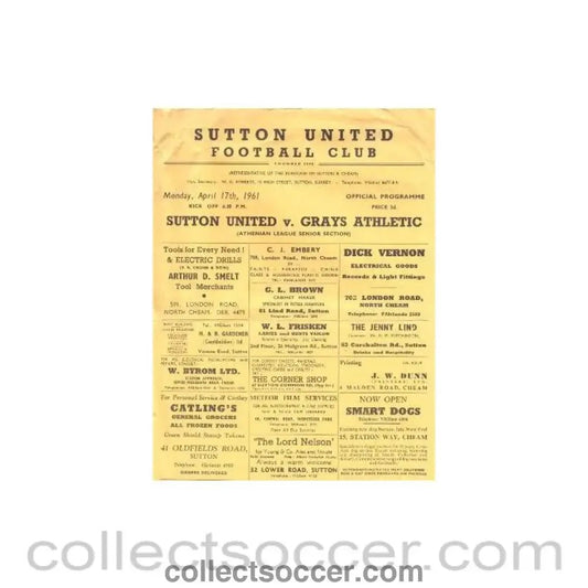 1961 - Sutton United v Grays Athletic official programme 17/04/1961 - Collect Soccer