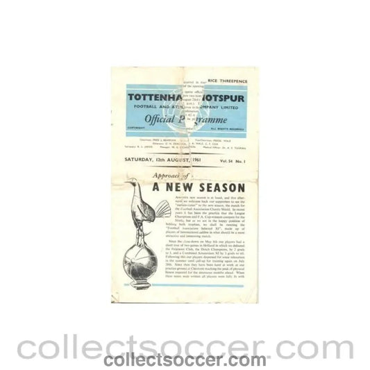 1961 - Tottenham Hotspur F.A. Selected XI official programme 12/08/1961, half price - Collect Soccer