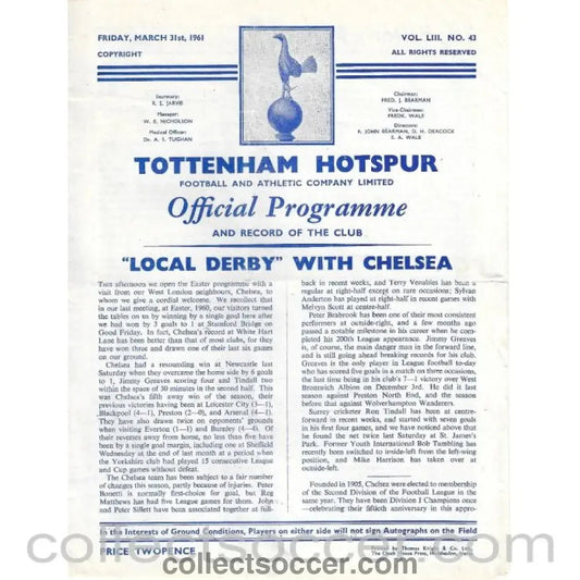 1961 - Tottenham Hotspur v Chelsea Official Programme 31/3/1961 - Collect Soccer