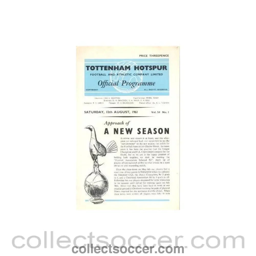 1961 - Tottenham Hotspur v F.A. Selected XI official programme 12/08/1961 - Collect Soccer