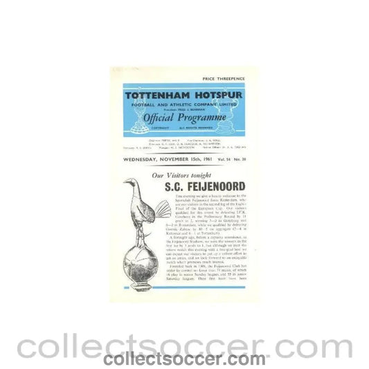 1961 - Tottenham Hotspur v Feyenoord official programme 15/11/1961 - Collect Soccer