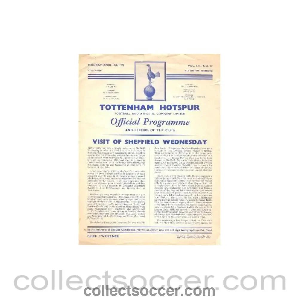 1961 - Tottenham Hotspur v Sheffield Wednesday official programme 17/04/1961 Football League - Collect Soccer