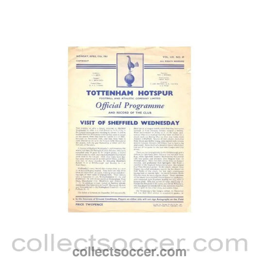 1961 - Tottenham Hotspur v Sheffield Wednesday official programme 17/04/1961 Football League - Collect Soccer