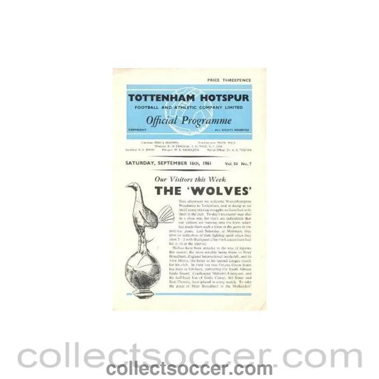 1961 - Tottenham Hotspur v Wolverhampton Wanderers official programme 16/09/1961 Football League - Collect Soccer