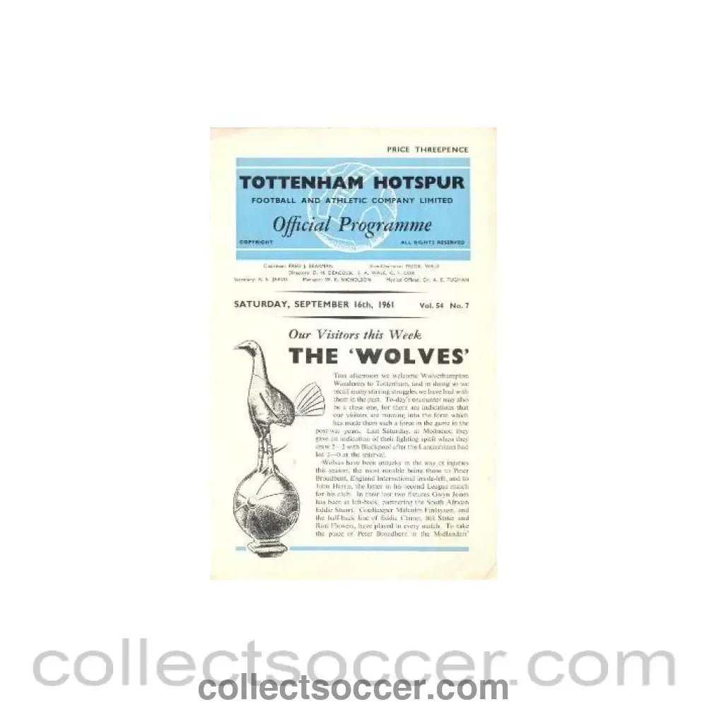 1961 - Tottenham Hotspur v Wolverhampton Wanderers official programme 16/09/1961 Football League - Collect Soccer