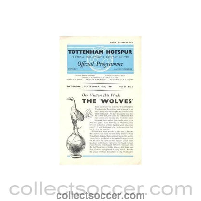 1961 - Tottenham Hotspur v Wolverhampton Wanderers official programme 16/09/1961 Football League - Collect Soccer