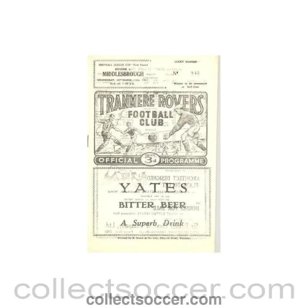 1961 - Tranmere Rovers v Middlesbrough official programme 13/09/1961 - Collect Soccer