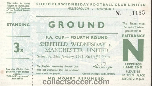 1961 Unused Ticket Sheffield Wednesday v Manchester United FA Cup 4th Round - Collect Soccer