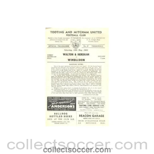 1961 - Walton & Hersham v Wimbledon official programme 13/05/1961 - Collect Soccer