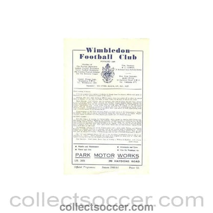 1961 - Wimbledon Reserves v Barking Reserves official programme 06/05/1961 - Collect Soccer
