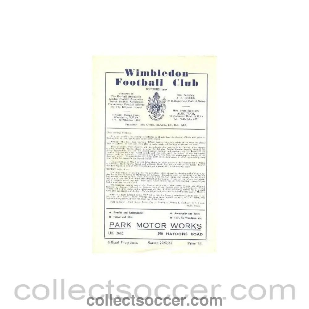 1961 - Wimbledon Reserves v Barking Reserves official programme 06/05/1961 - Collect Soccer