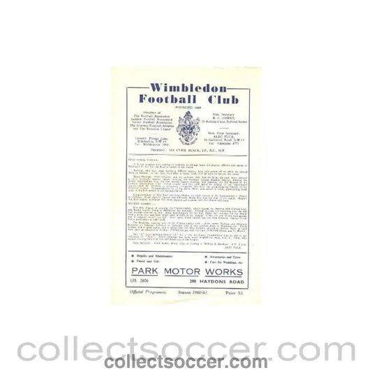 1961 - Wimbledon Reserves v Barking Reserves official programme 06/05/1961 - Collect Soccer