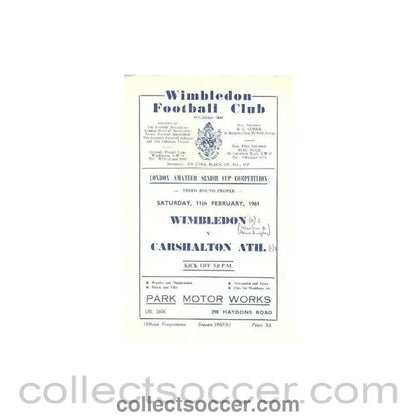 1961 - Wimbledon v Carshalton Athletic official programme 11/02/1961 - Collect Soccer