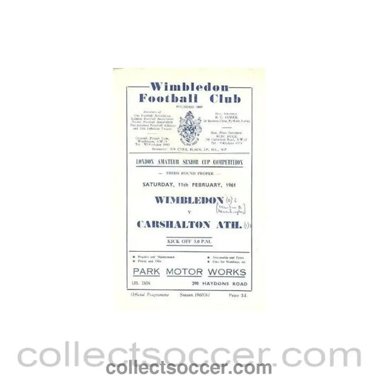 1961 - Wimbledon v Carshalton Athletic official programme 11/02/1961 - Collect Soccer