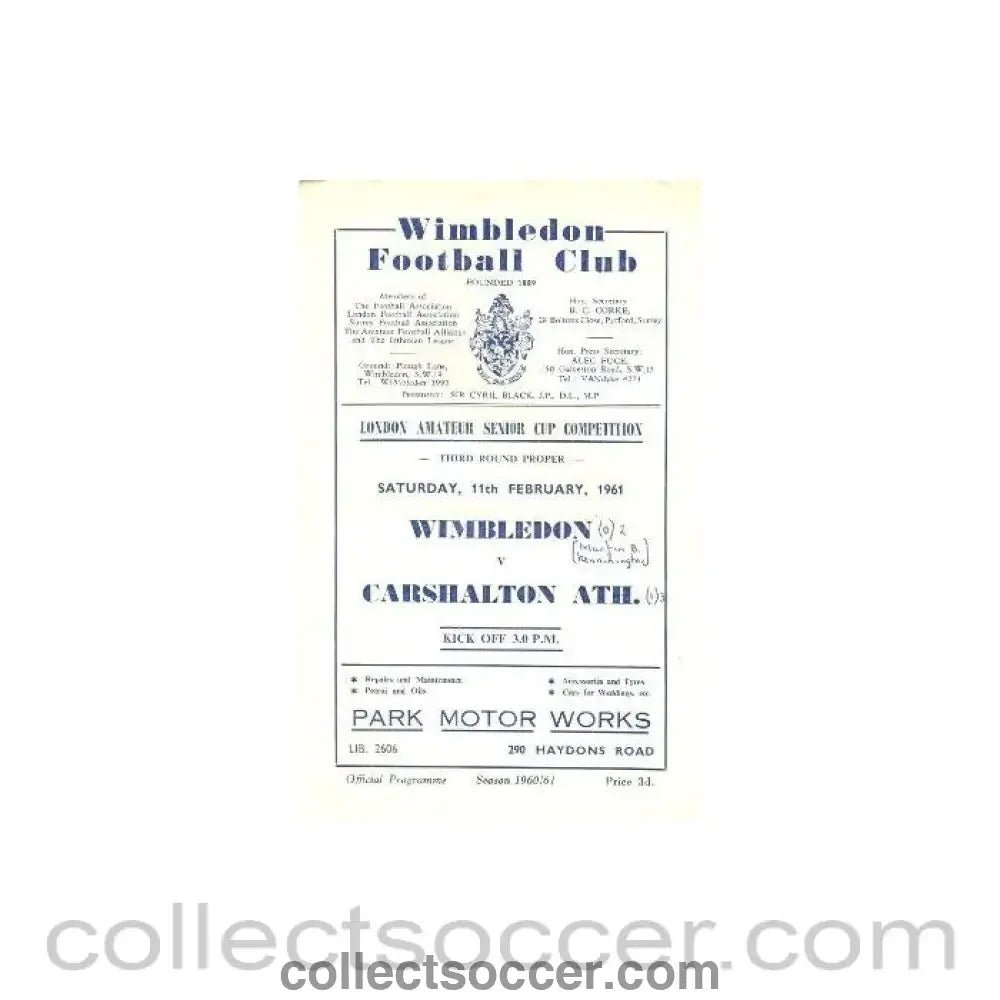 1961 - Wimbledon v Carshalton Athletic official programme 11/02/1961 - Collect Soccer