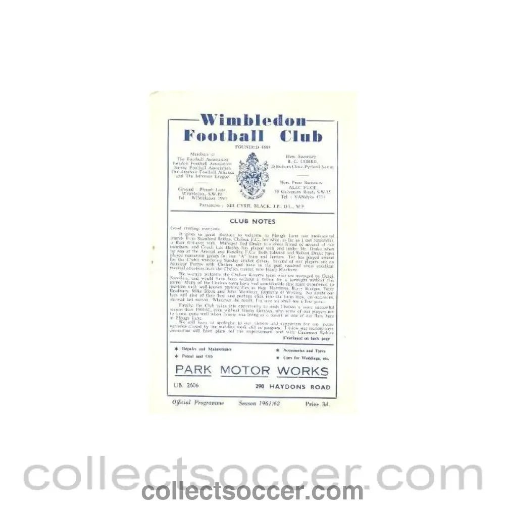 1961 - Wimbledon v Chelsea Reserves official programme 31/08/1961 - Collect Soccer