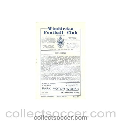 1961 - Wimbledon v Chelsea Reserves official programme 31/08/1961 - Collect Soccer