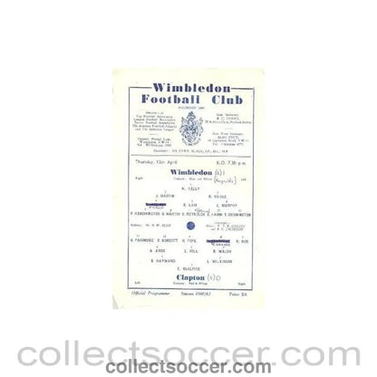 1961 - Wimbledon v Clapton official programme 13/04/1961 - Collect Soccer