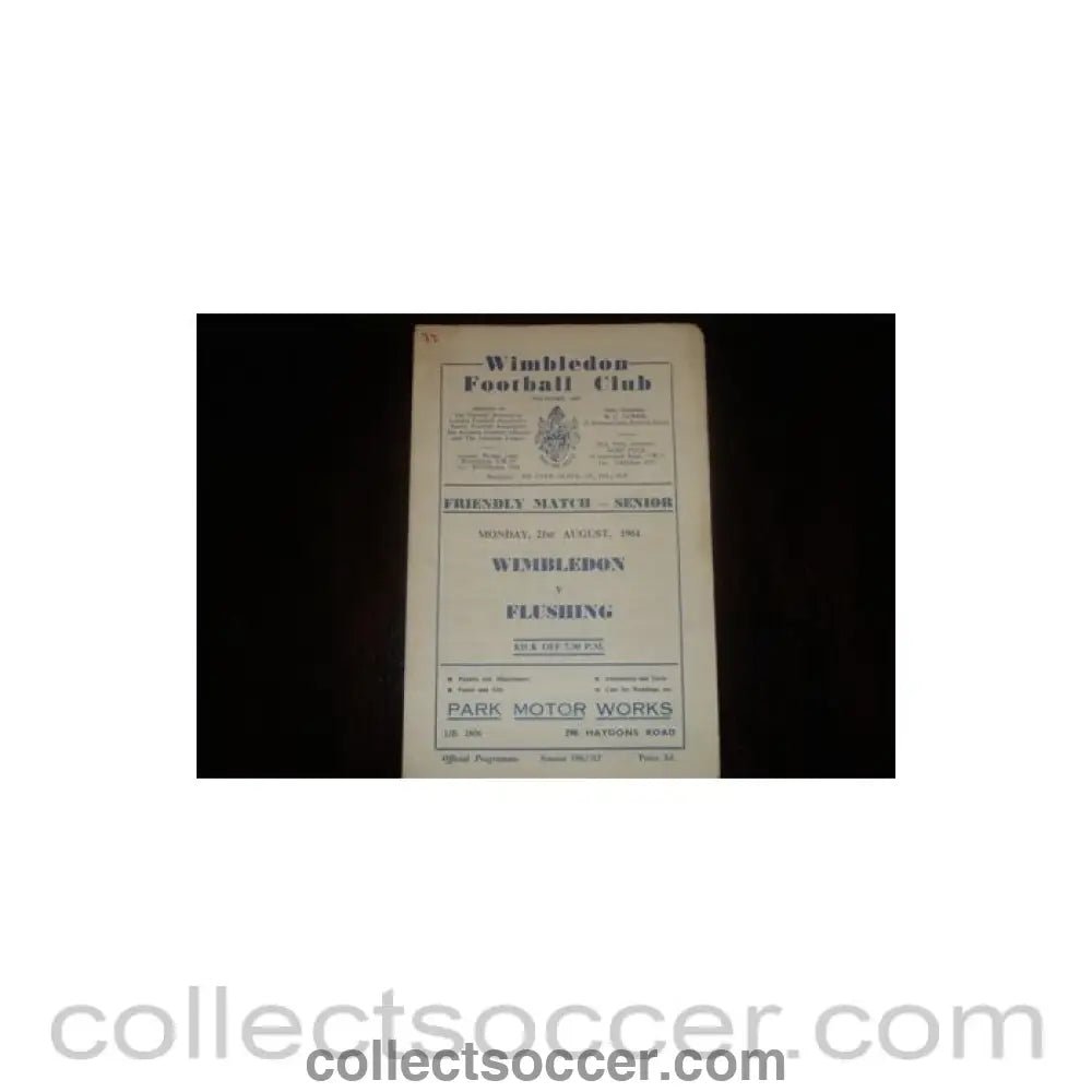 1961 - Wimbledon v Flushing official programme 21/08/1961, Semi-Professional - Collect Soccer