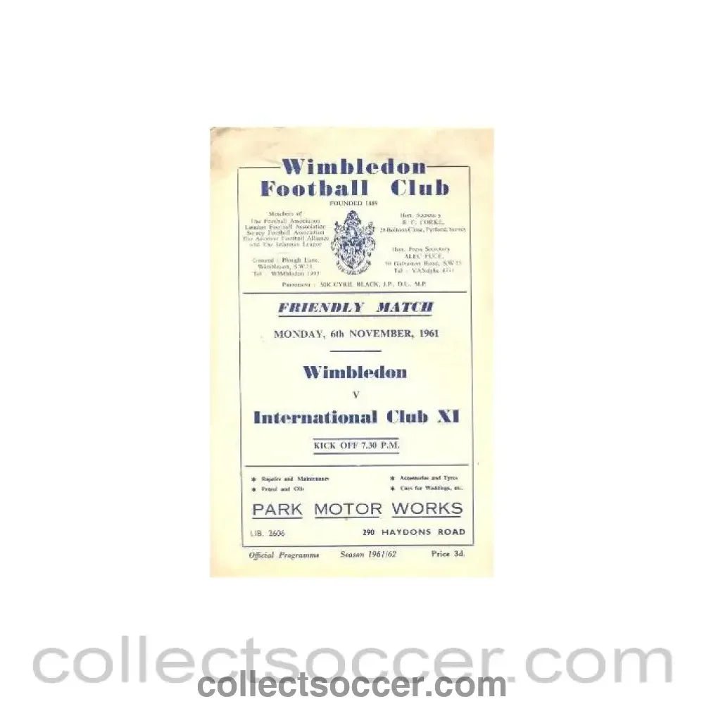 1961 - Wimbledon v International Club XI official programme 06/11/1961 - Collect Soccer