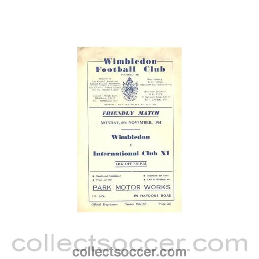 1961 - Wimbledon v International Club XI official programme 06/11/1961 - Collect Soccer