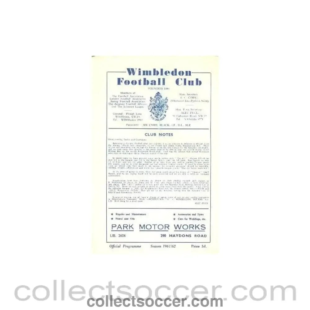 1961 - Wimbledon v Kingstonian official programme 09/10/1961 - Collect Soccer