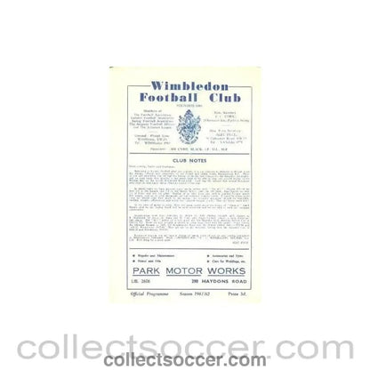 1961 - Wimbledon v Kingstonian official programme 09/10/1961 - Collect Soccer