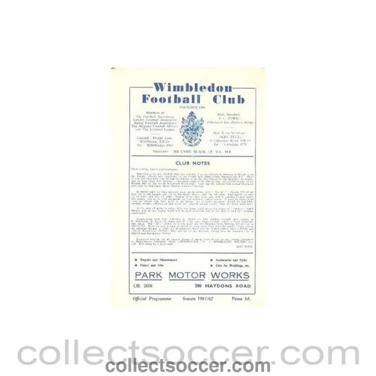 1961 - Wimbledon v Kingstonian official programme 09/10/1961 - Collect Soccer
