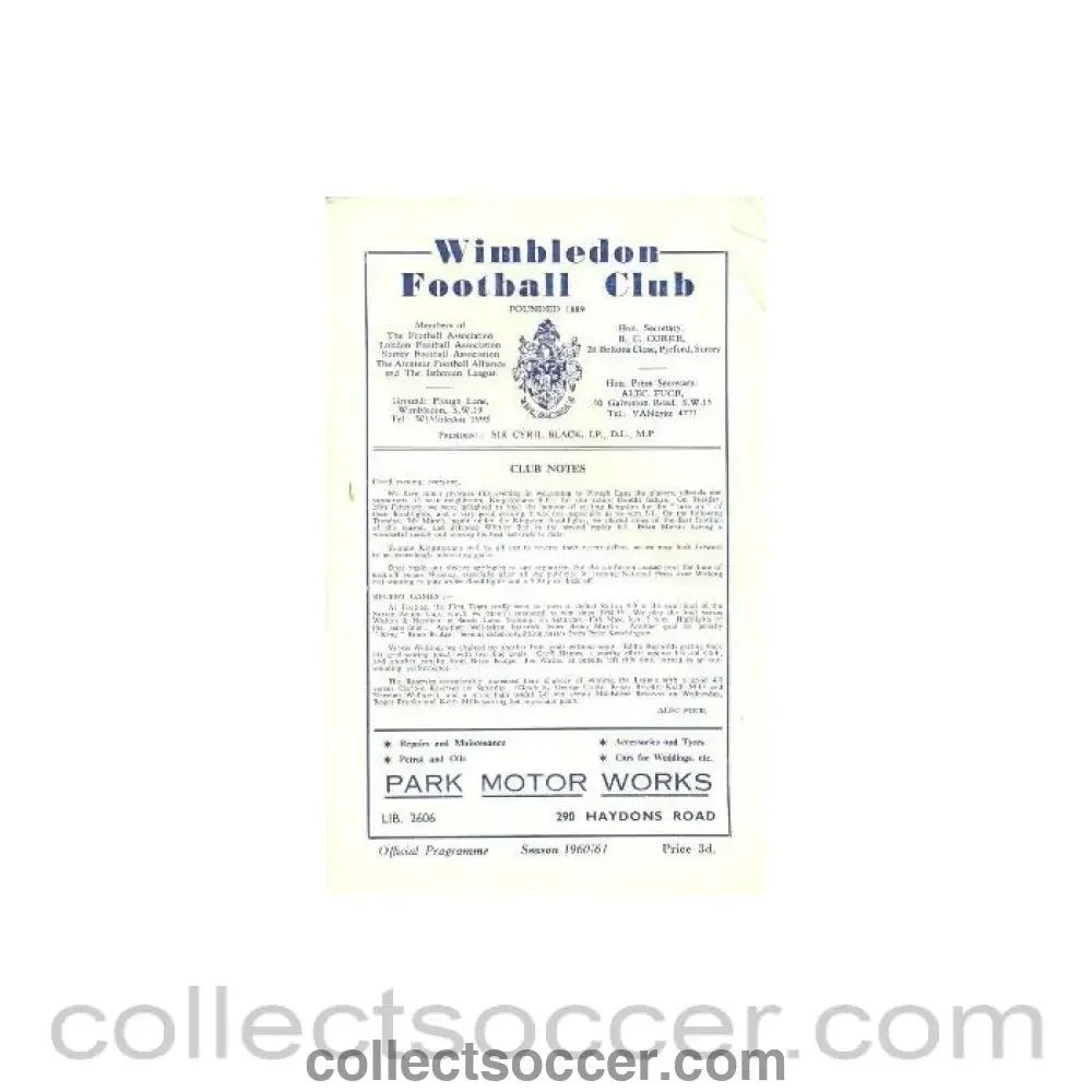 1961 - Wimbledon v Kingstonian official programme 18/04/1961 - Collect Soccer