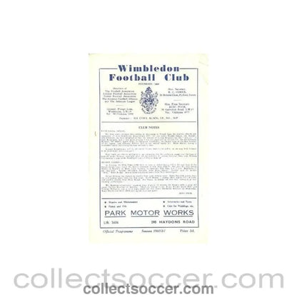 1961 - Wimbledon v Kingstonian official programme 18/04/1961 - Collect Soccer