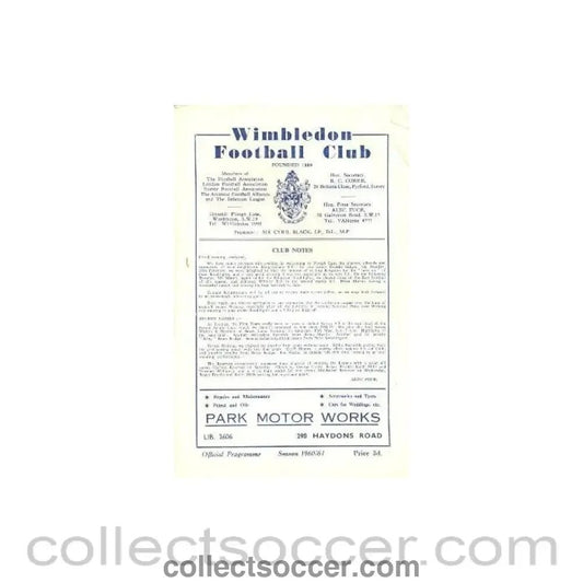 1961 - Wimbledon v Kingstonian official programme 18/04/1961 - Collect Soccer
