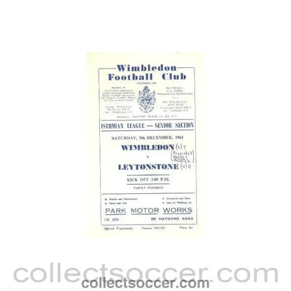 1961 - Wimbledon v Leytonstone official programme 09/12/1961 - Collect Soccer