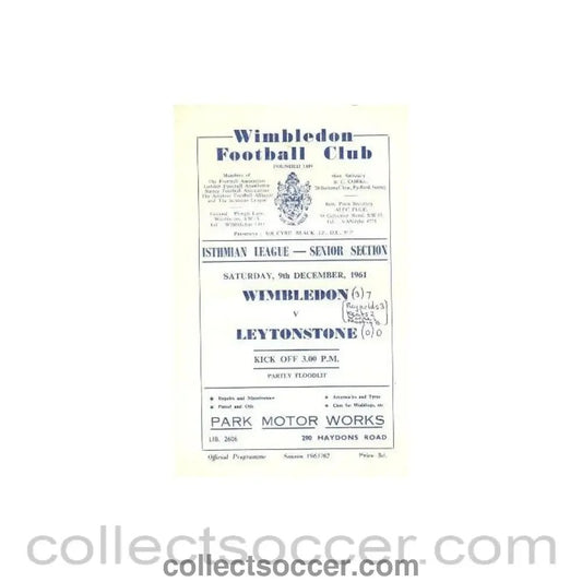 1961 - Wimbledon v Leytonstone official programme 09/12/1961 - Collect Soccer