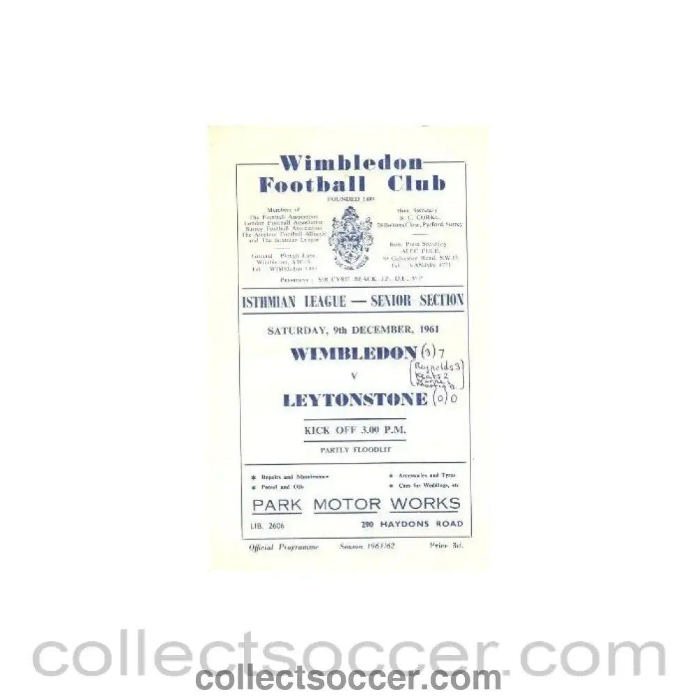 1961 - Wimbledon v Leytonstone official programme 09/12/1961 - Collect Soccer