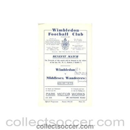1961 - Wimbledon v Middlesex Wanderers official programme 30/10/1961 - Collect Soccer