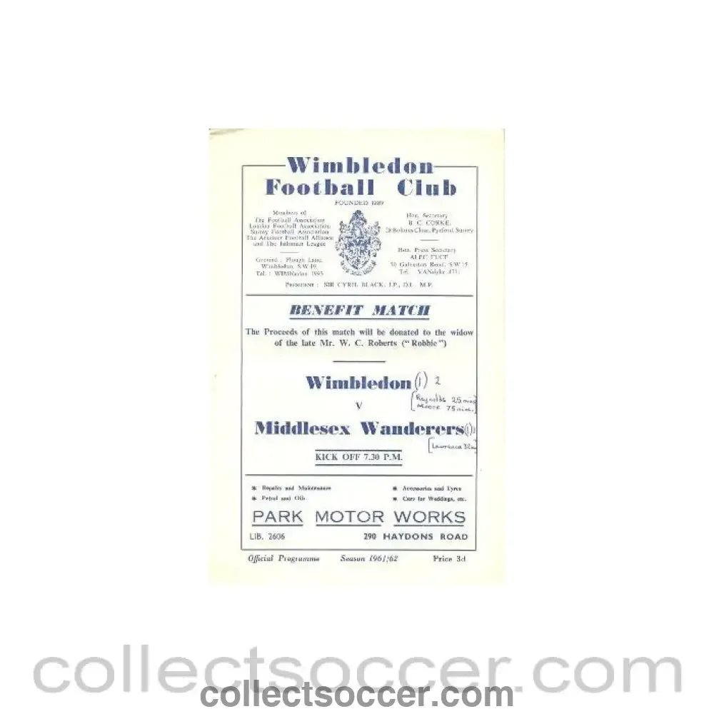 1961 - Wimbledon v Middlesex Wanderers official programme 30/10/1961 - Collect Soccer