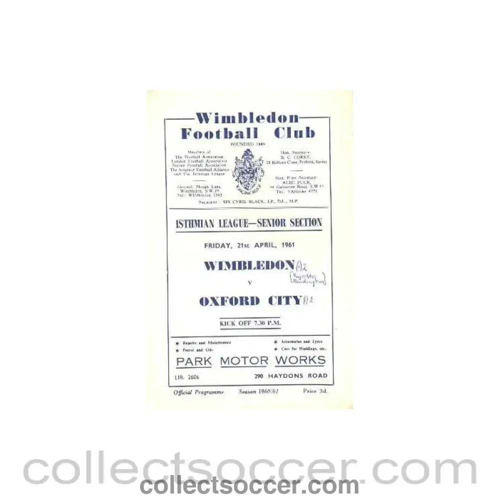 1961 - Wimbledon v Oxford City official programme 21/04/1961 - Collect Soccer