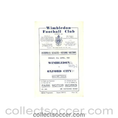 1961 - Wimbledon v Oxford City official programme 21/04/1961 - Collect Soccer