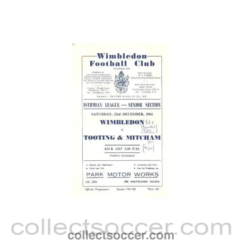 1961 - Wimbledon v Tooting & Mitcham official programme 23/12/1961 - Collect Soccer