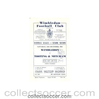 1961 - Wimbledon v Tooting & Mitcham official programme 23/12/1961 - Collect Soccer