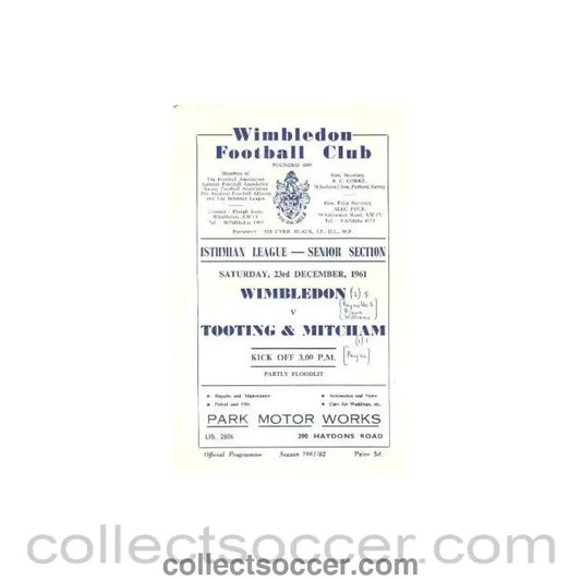 1961 - Wimbledon v Tooting & Mitcham official programme 23/12/1961 - Collect Soccer