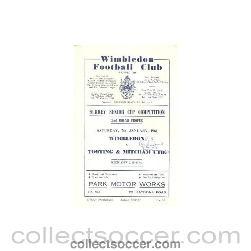 1961 - Wimbledon v Tooting & Mitcham United official programme 07/01/1961 - Collect Soccer