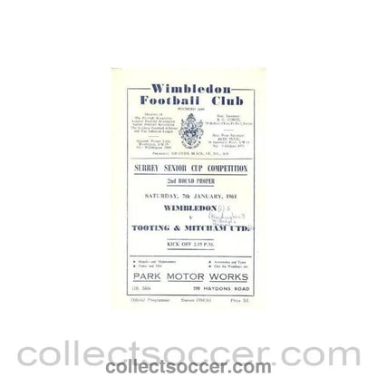 1961 - Wimbledon v Tooting & Mitcham United official programme 07/01/1961 - Collect Soccer