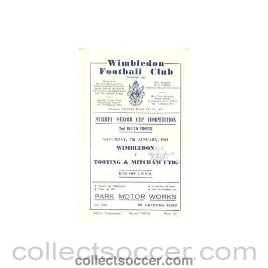 1961 - Wimbledon v Tooting & Mitcham United official programme 07/01/1961 - Collect Soccer