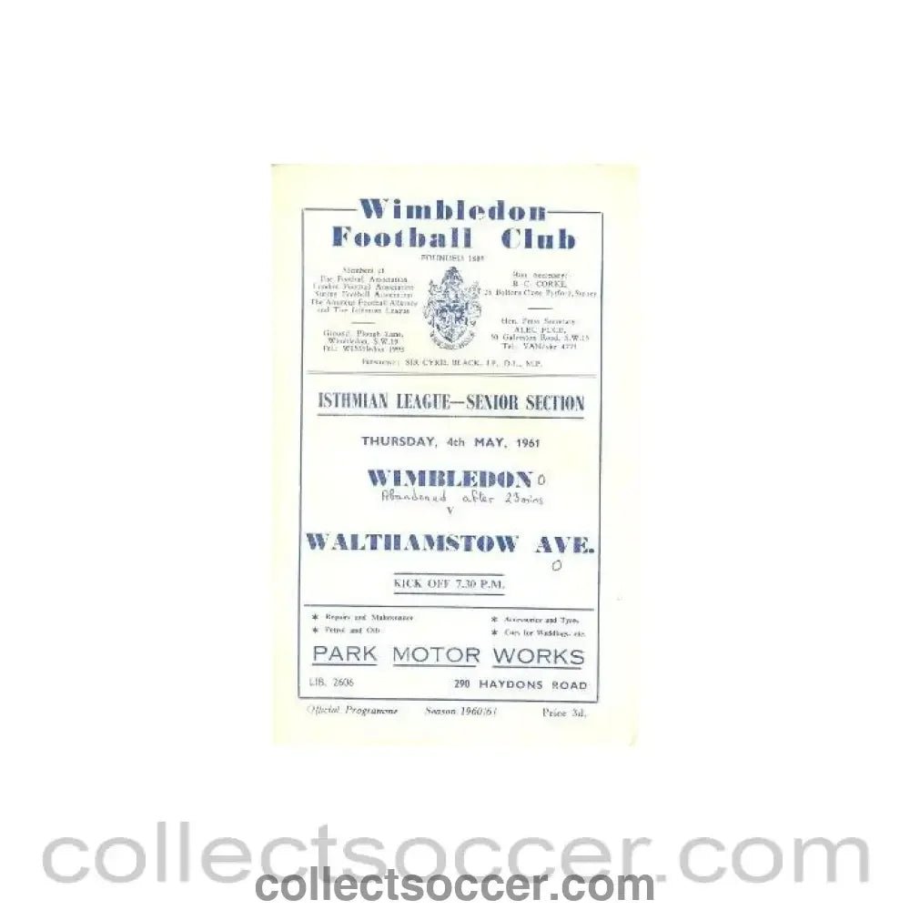 1961 - Wimbledon v Walthamstow Avenue official programme 04/05/1961 - Collect Soccer