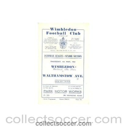 1961 - Wimbledon v Walthamstow Avenue official programme 04/05/1961 - Collect Soccer