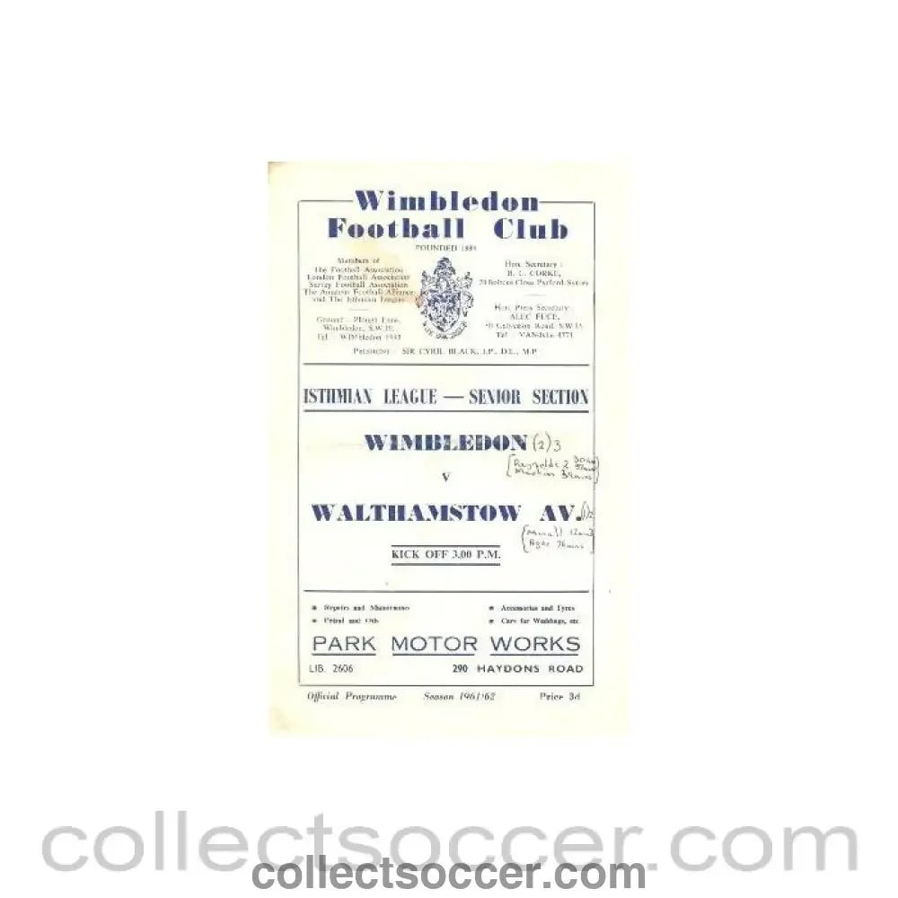 1961 - Wimbledon v Walthamstow Avenue official programme 28/10/1961 - Collect Soccer