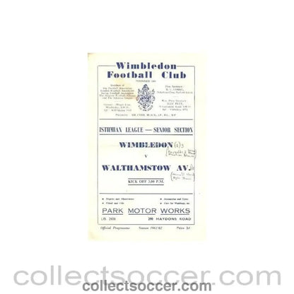 1961 - Wimbledon v Walthamstow Avenue official programme 28/10/1961 - Collect Soccer