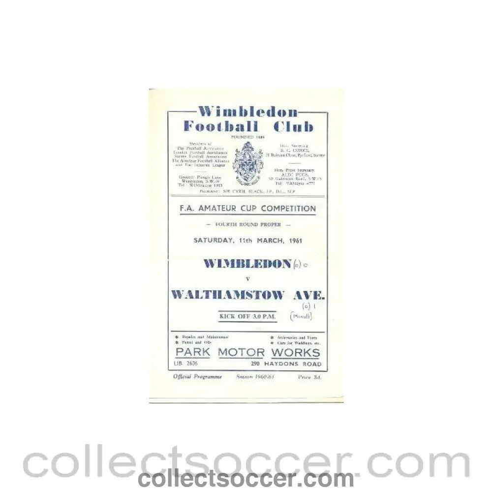 1961 - Wimbledon v Walthamstow official programme 11/03/1961 - Collect Soccer