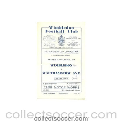 1961 - Wimbledon v Walthamstow official programme 11/03/1961 - Collect Soccer